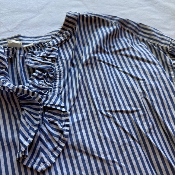 Gap Womens Blue & White Striped Long Sleeve Blouse S 100% Cotton Ruffle Neckline - Picture 5 of 10
